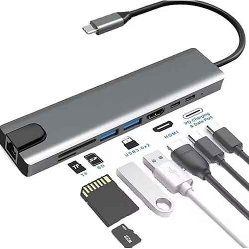 GABBLE GAB-TY801 ÇEVİRİCİ TYPE-C TO 3.0 8 IN 1 USB + HDTV 4K + ETHERNET